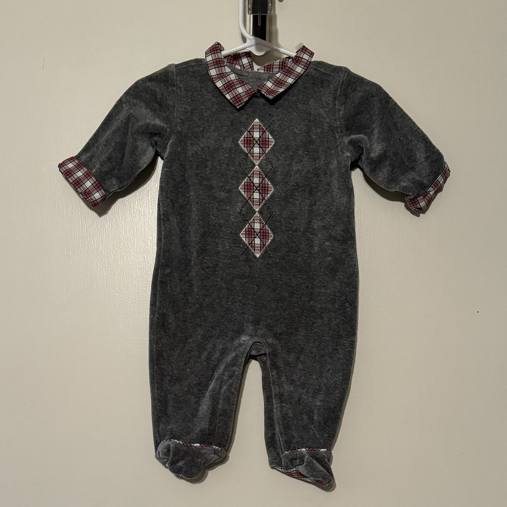 Janie and Jack Grey Plaid Footed Romper Baby 0-3 Months Holiday Argyle Romper